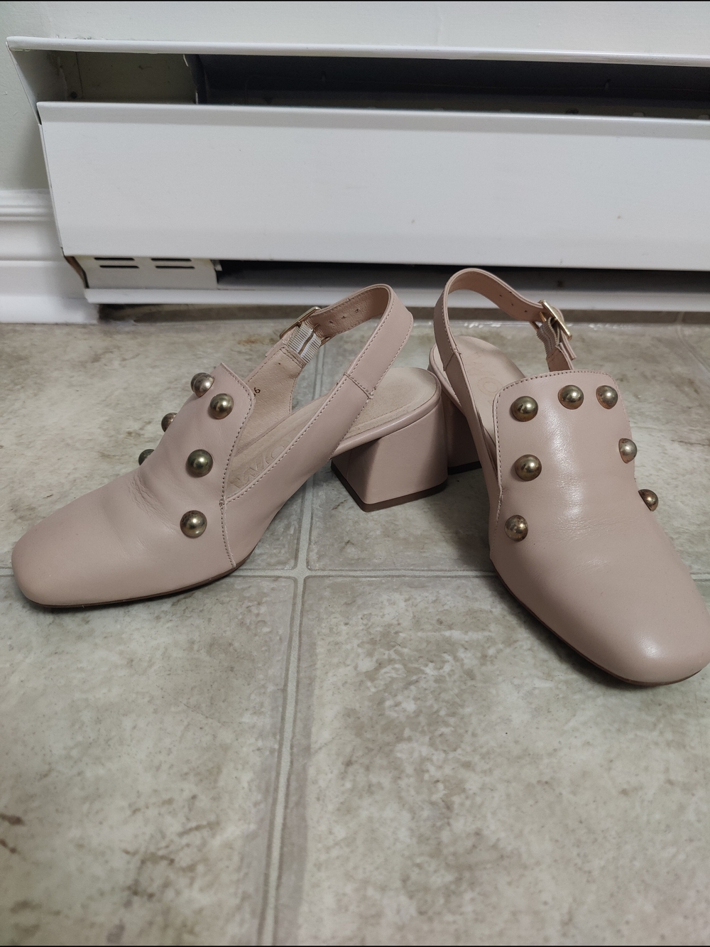 Leather Blush Studded Slingback Block Heel Shoes